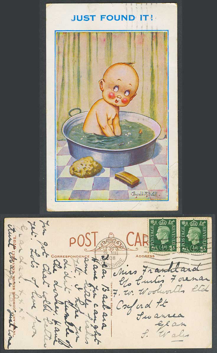 Donald McGill 1938 Old Postcard Little Boy Take Bath Bathtub Just Found It! 3791