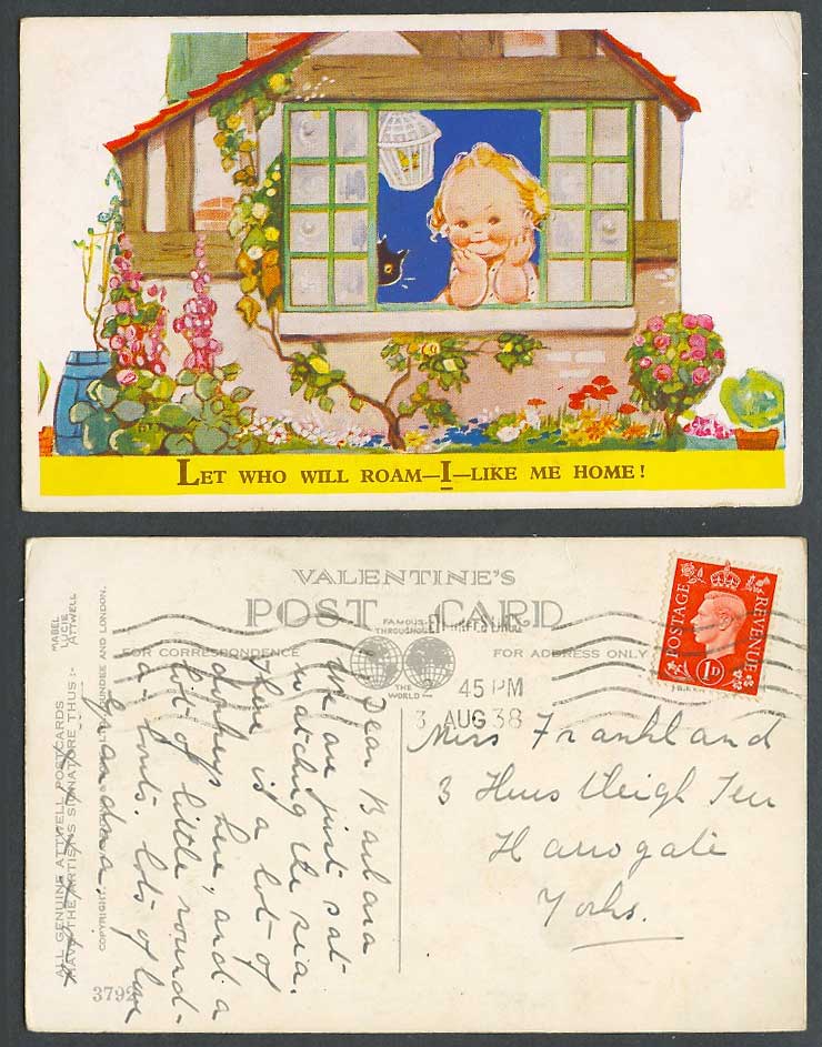 MABEL LUCIE ATTWELL 1938 Old Postcard Let Who Roam I Like Me Home Black Cat 3792