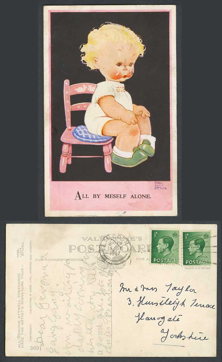 MABEL LUCIE ATTWELL 1937 Old Postcard All By Myself Meself Alone Girl Tears 3691