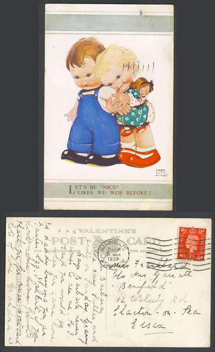 MABEL LUCIE ATTWELL 1939 Old Postcard Lets Be Nice Likes we Wos Before Doll 4180