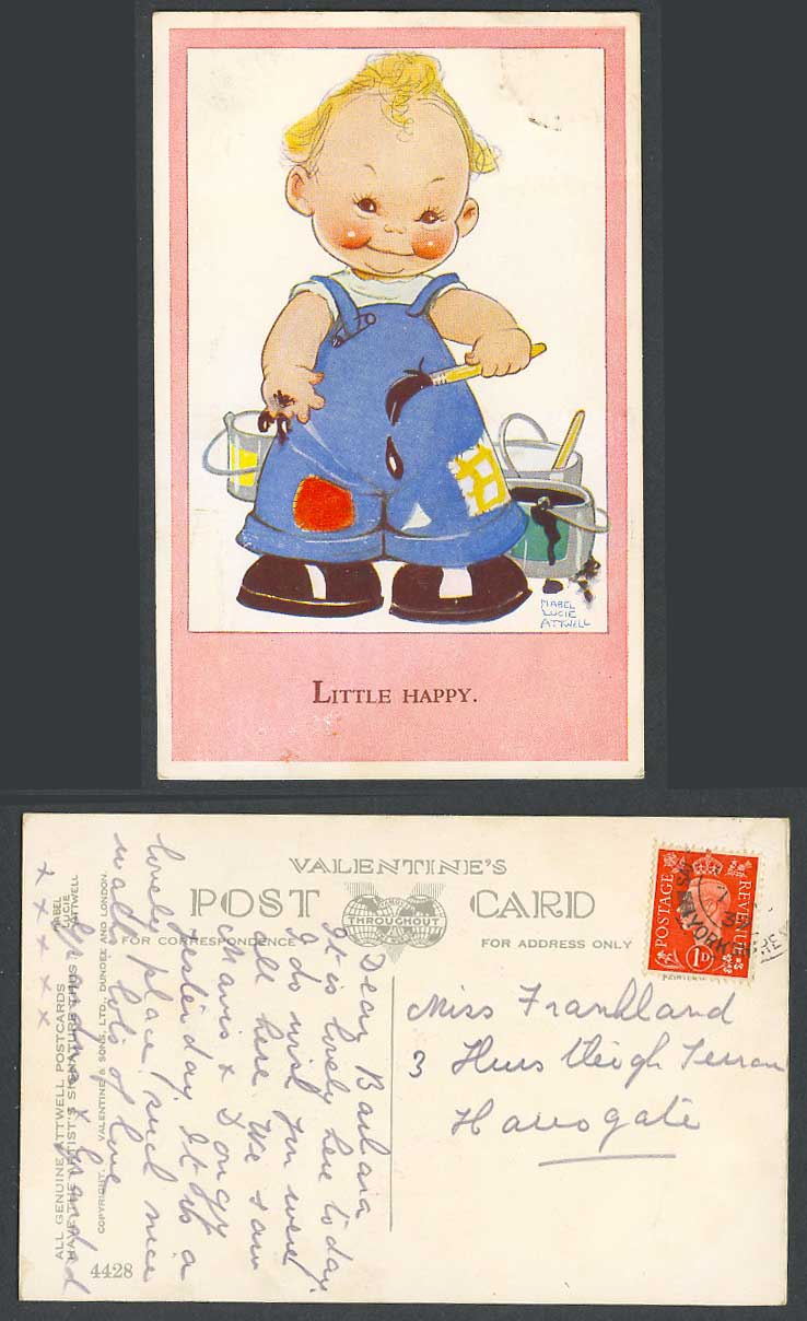 MABEL LUCIE ATTWELL 1939 Old Postcard Little Happy. Boy Girl Painter Paints 4428