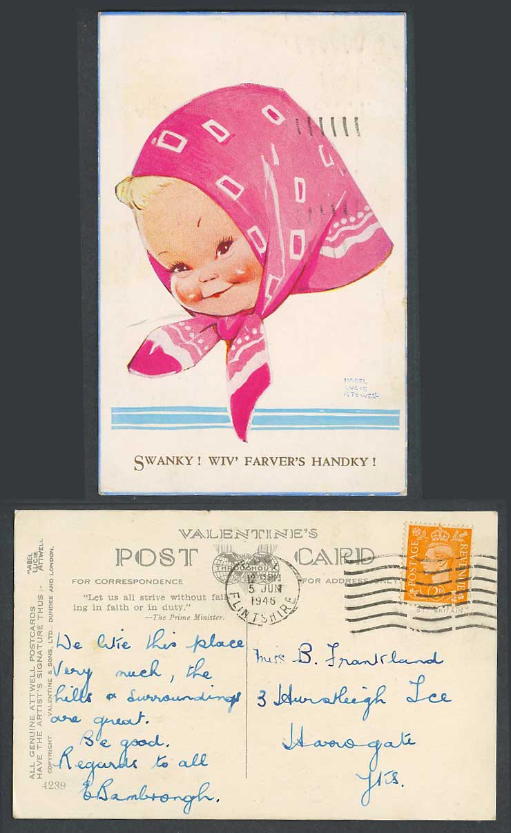 MABEL LUCIE ATTWELL 1946 Old Postcard Swanky! Wiv' Farver's Handky! Girl 4239