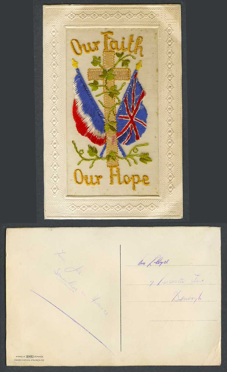 WW1 SILK Embroidered France Old Postcard Our Faith Our Hope, Cross, Leaves Flags