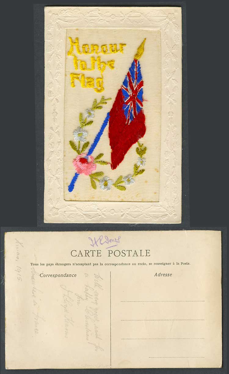 WW1 SILK Embroidered, France, 1915 Xmas Old Postcard Honour to The Flag, Flowers