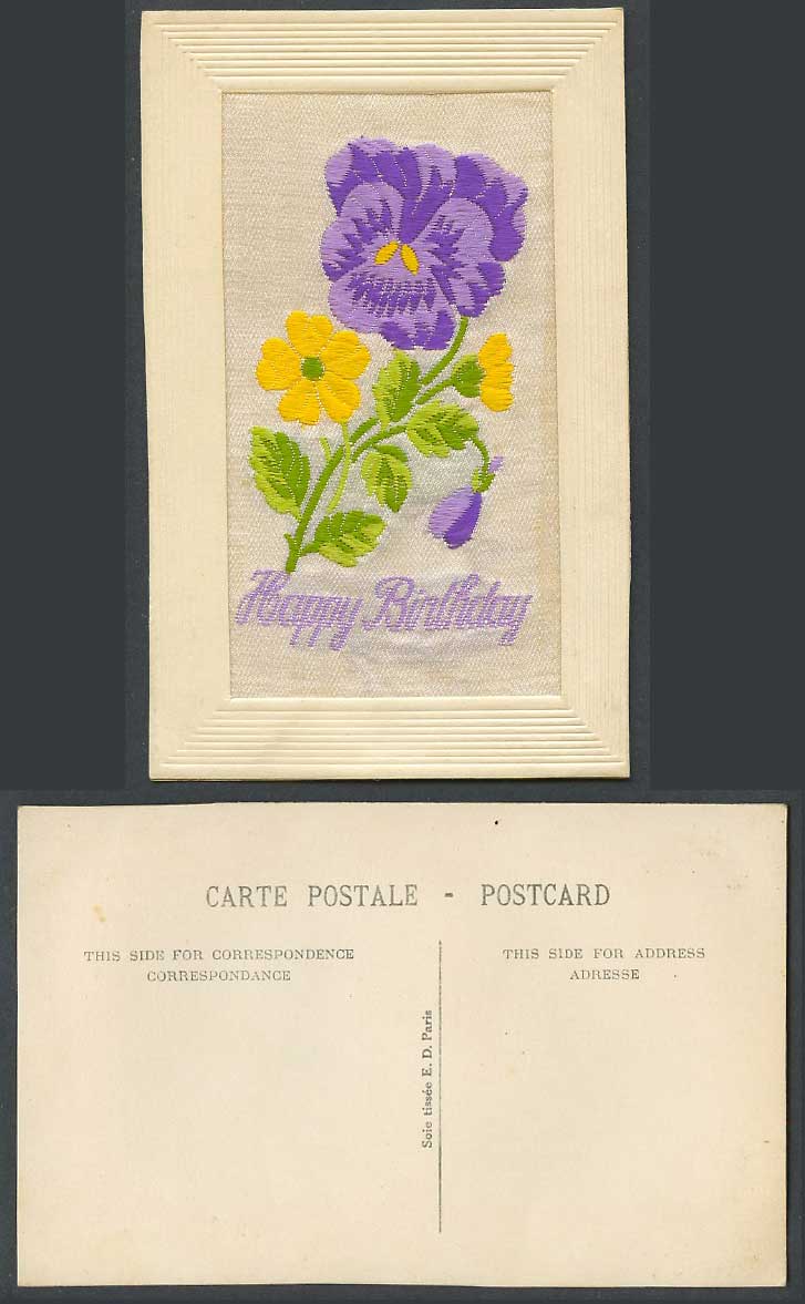 WW1 Woven Silk Old Postcard Happy Birthday Greetings Flowers Novelty Soie tissee