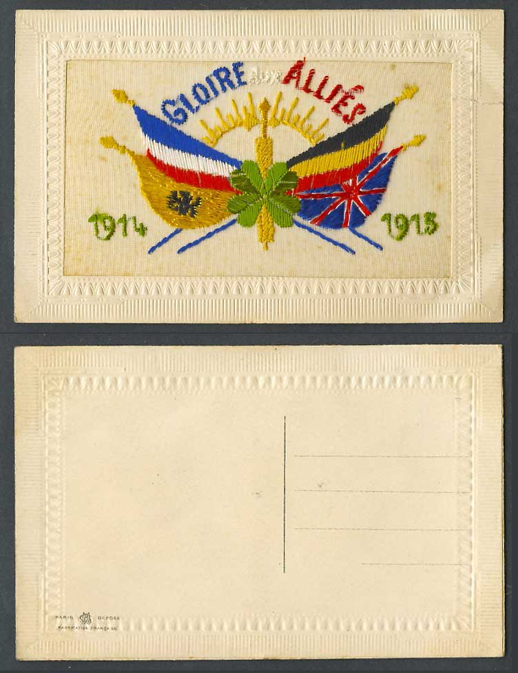 WW1 SILK Embroidered 1914 1915 Old Postcard Gloire aux Allies Flag 4-Leaf Clover