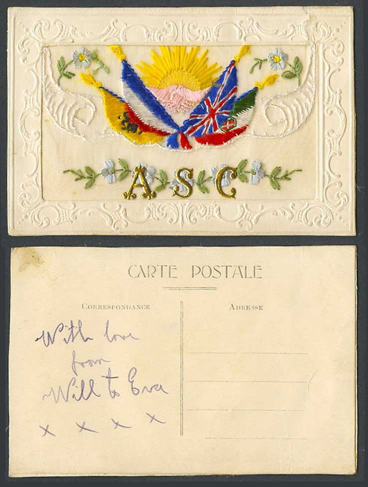 WW1 SILK Embroidered Old Postcard ASC Army Service Corps Flags Sun Hands Holding