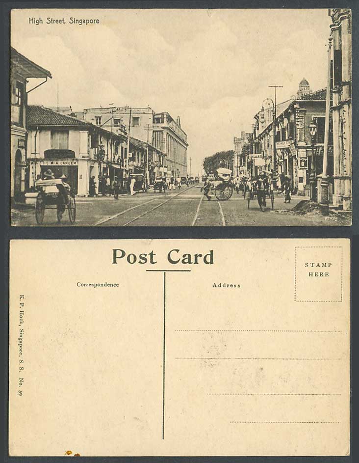 Singapore Old Postcard High Street Scene Trams Rickshaws Coolies O.L.M.A. Careem