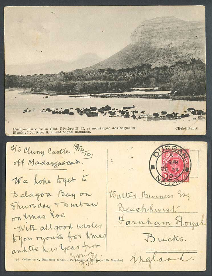 Mauritius SS Cluny Castle 1910 Old Postcard Month of Gd River NE Sognal Mountain