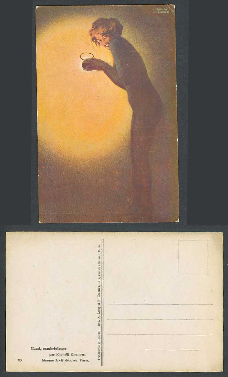 Raphael Kirchner Old Postcard Maud Cambrioleuse Burglar Nude Woman Holding Light