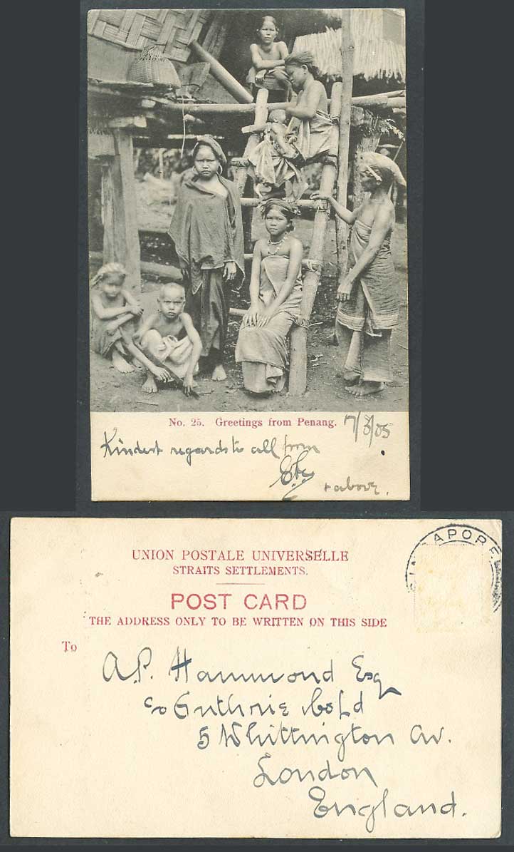 Penang, Greetings from 1905 Old UB Postcard Native House Women Girl Boy Children