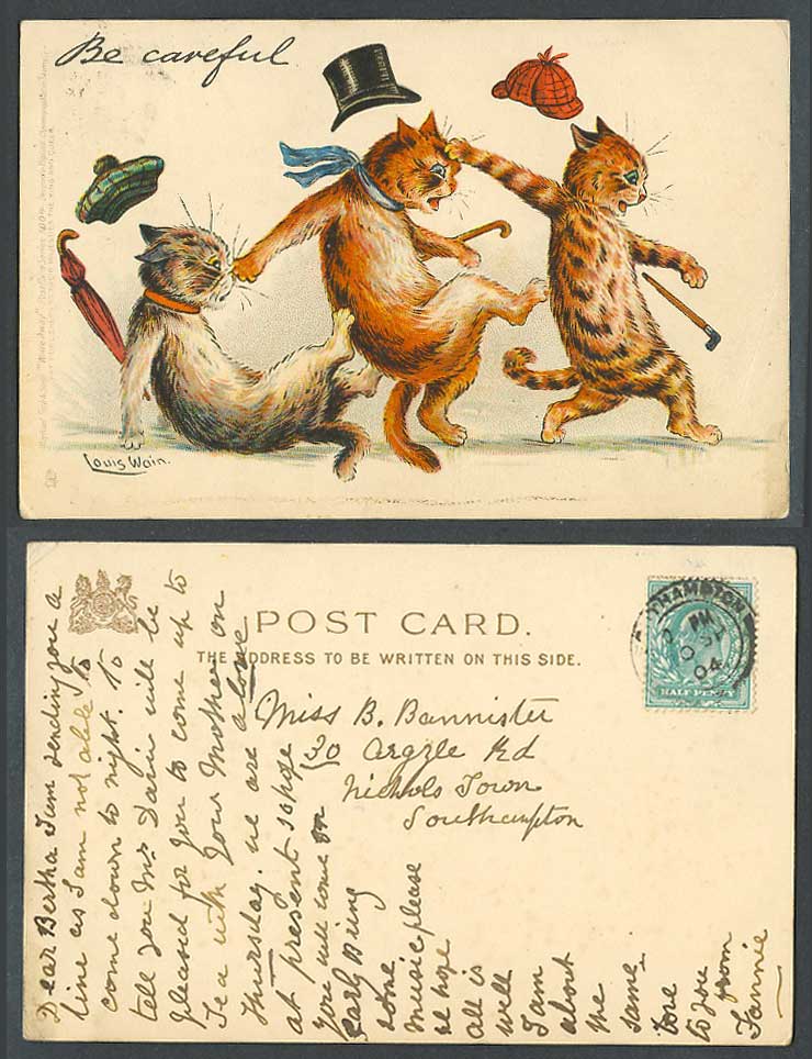 LOUIS WAIN Artist Signed Cats, Be Careful Tuck's Write Away 1904 Old UB Postcard