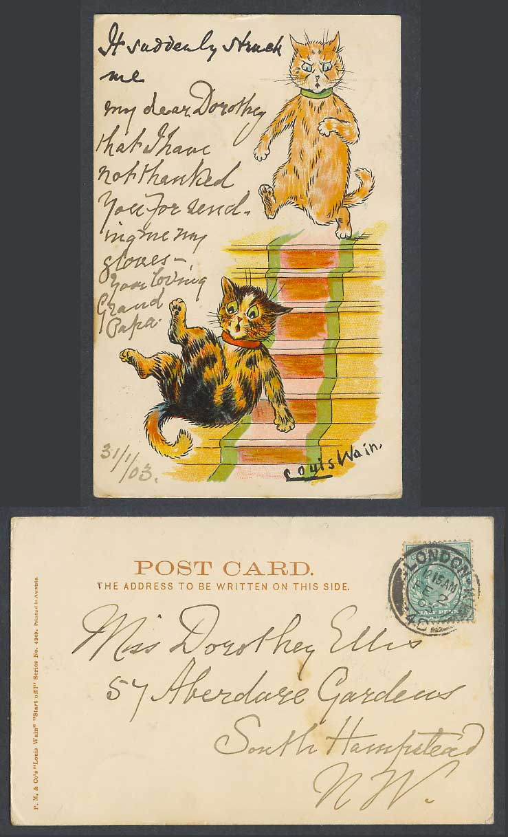 LOUIS WAIN Artist Signed Cats Suddenly Struck Me Write Away 1903 Old UB Postcard