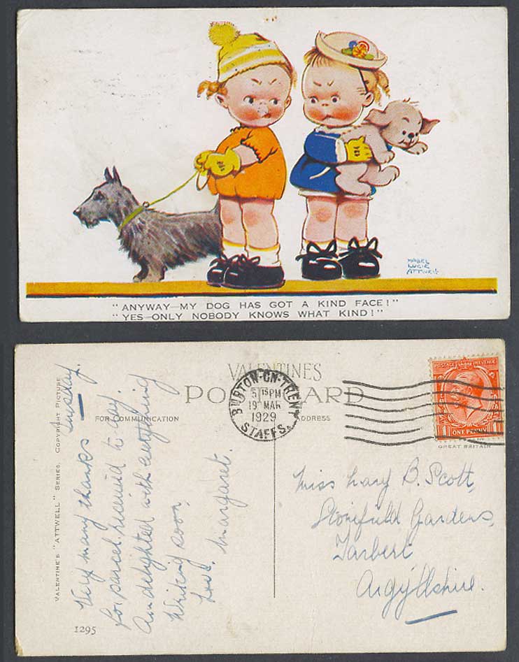 MABEL LUCIE ATTWELL 1929 Old Postcard Scottish Terrier MY DOG Has KIND FACE 1295