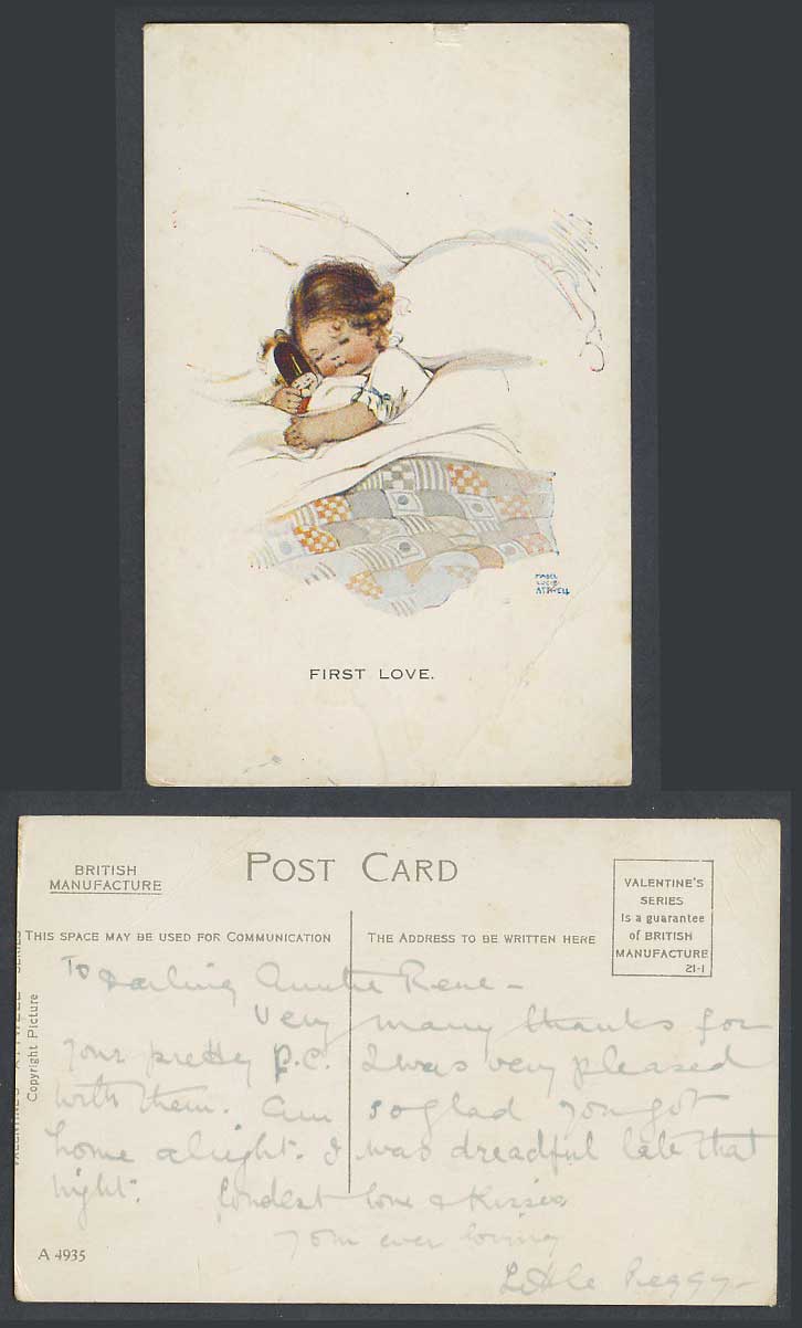 MABEL LUCIE ATTWELL Old Postcard First Love. Girl Holds Toy Soldier on Bed A4935