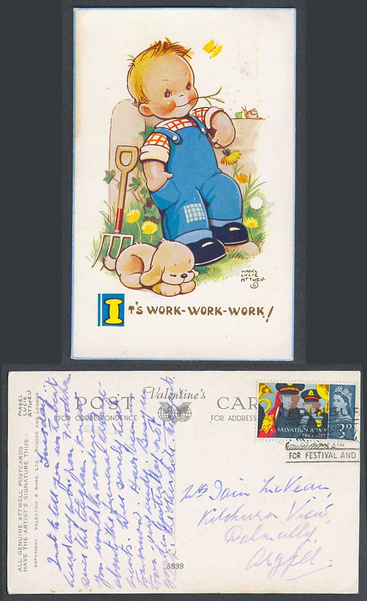 MABEL LUCIE ATTWELL 1965 Old Postcard Its Work Work Work Snail Dog 5939 Festival