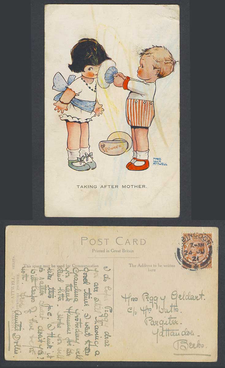 MABEL LUCIE ATTWELL 1921 Old Postcard Taking After Mother Girl Powder Puff A4932