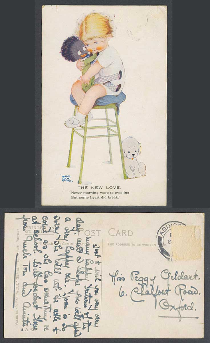 MABEL LUCIE ATTWELL Old Postcard Black Doll, Dog, New Love, Heart Did Break A423