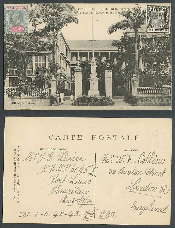 Mauritius 1c 5c 1920 Postcard Port Louis, Hotel du Gouvernement Government House