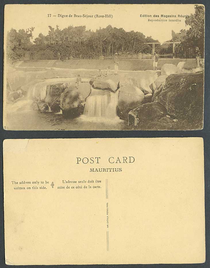 Mauritius Old Postcard Digue de Beau-Sejour, Rose Hill, Waterfalls Falls, Rocks