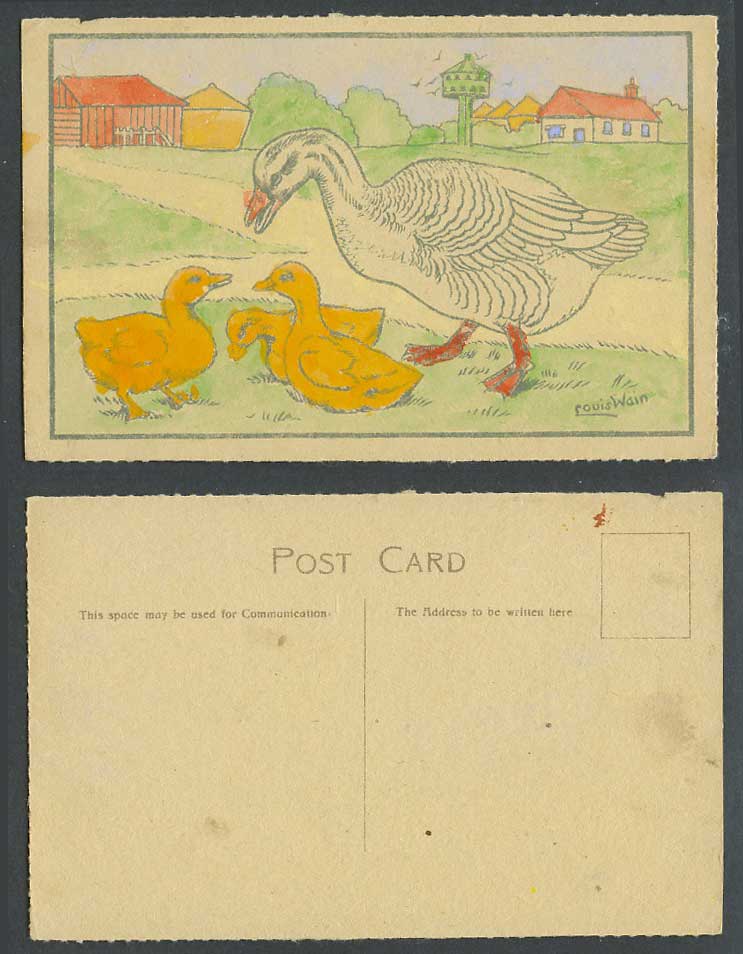 Louis Wain Artist Signed, Goose Geese, Bird Birds Old Hand Tinted Postcard Ducks