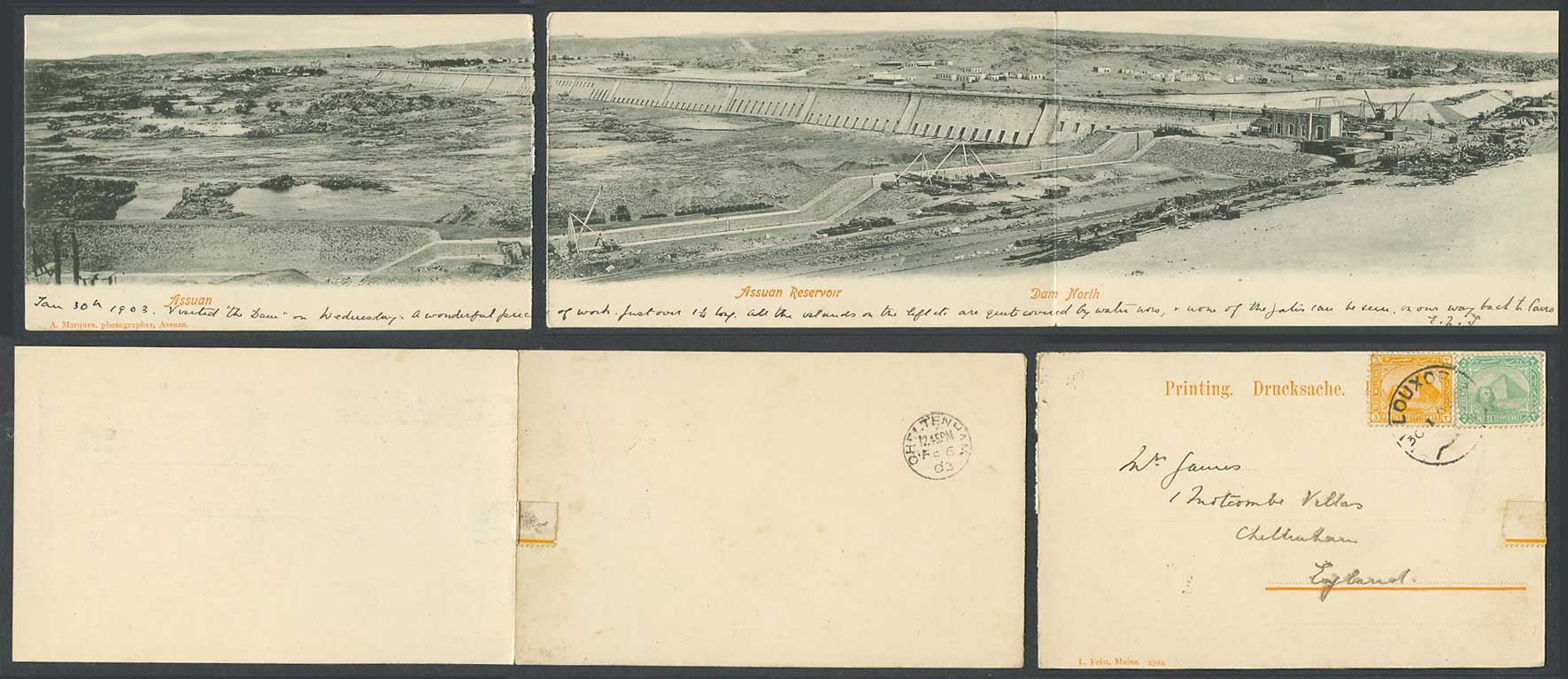 Egypt 3 Old Postcards 2 Attached 1 Panorama View Assuan Reservoir Dam North 1903