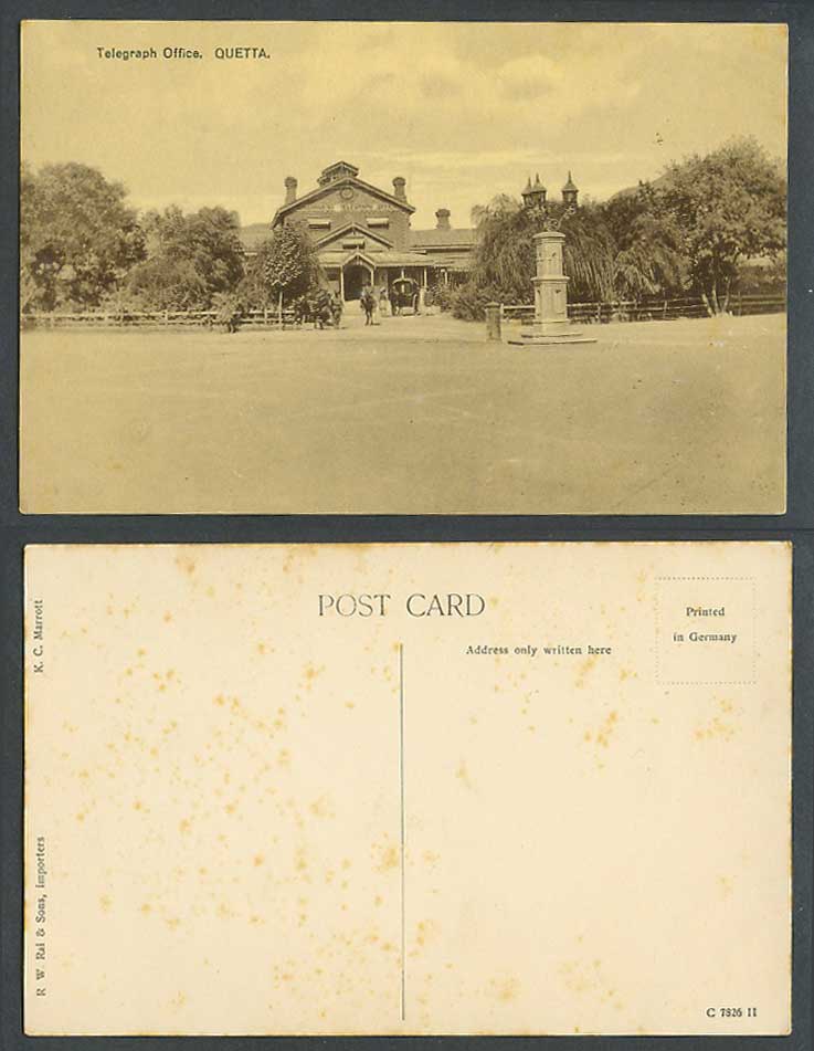 Pakistan Old Postcard Quetta Government Telegraph Office, Entrance, Horse Rider