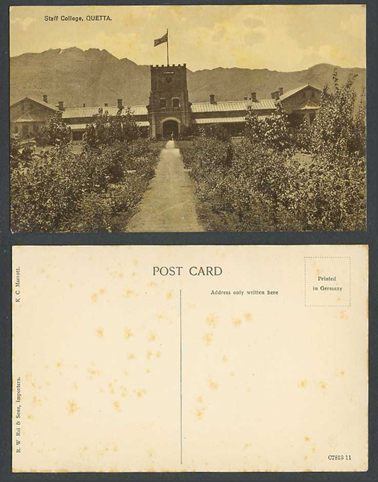 Pakistan Old Postcard Staff College School, Quetta, British Flag R.W. Rai & Sons