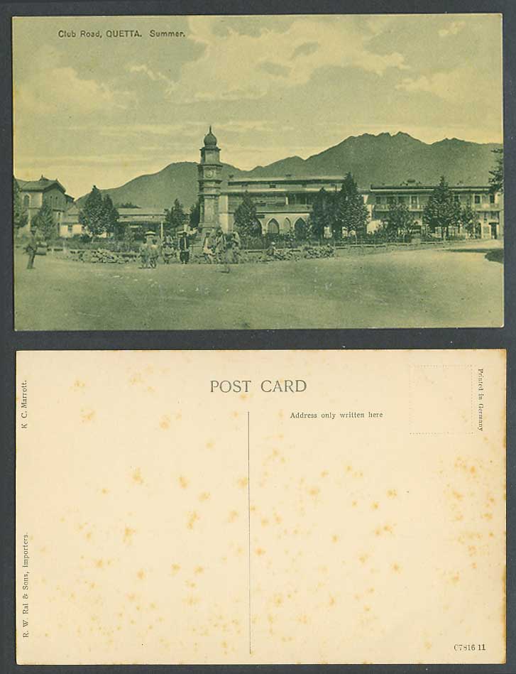 Pakistan Old Postcard Quetta Summer Club Road Street Scene, Clock Tower, Soldier