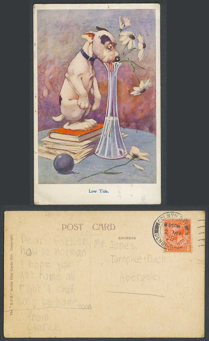 BONZO DOG GE Studdy 1928 Old Postcard LOW TIDE. Flower Vase Puppy Book Ball 1016