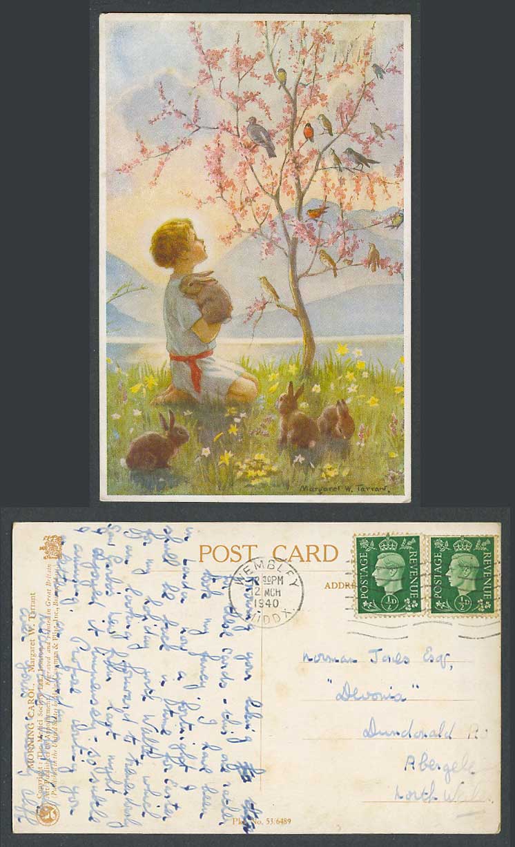 Margaret W. Tarrant 1940 Old Postcard Morning Carol, Rabbits Birds Blooming Tree