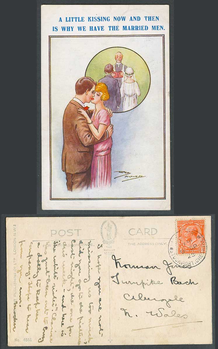 Reg Maurice 1923 Old Postcard Wedding, Little Kissing is Why We Have Married Men