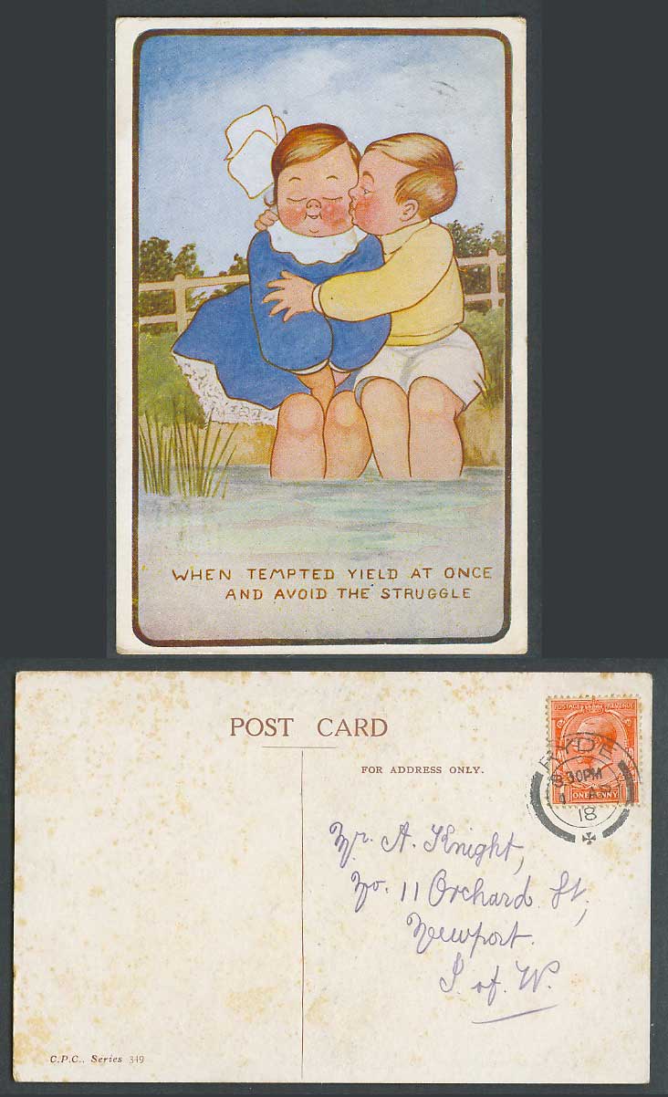 Boy Kiss Girl, When Tempted Yield at Once & Avoid the Struggle 1918 Old Postcard