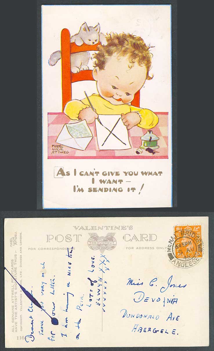 MABEL LUCIE ATTWELL 1948 Old Postcard Cat Kitten, I'm sending U what I want 1164