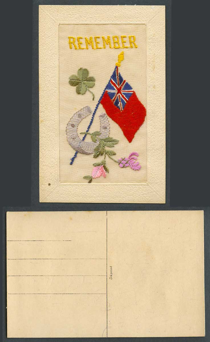 WW1 SILK Embroidered Old Postcard Remember Horseshoe Flag Clover Flowers Novelty