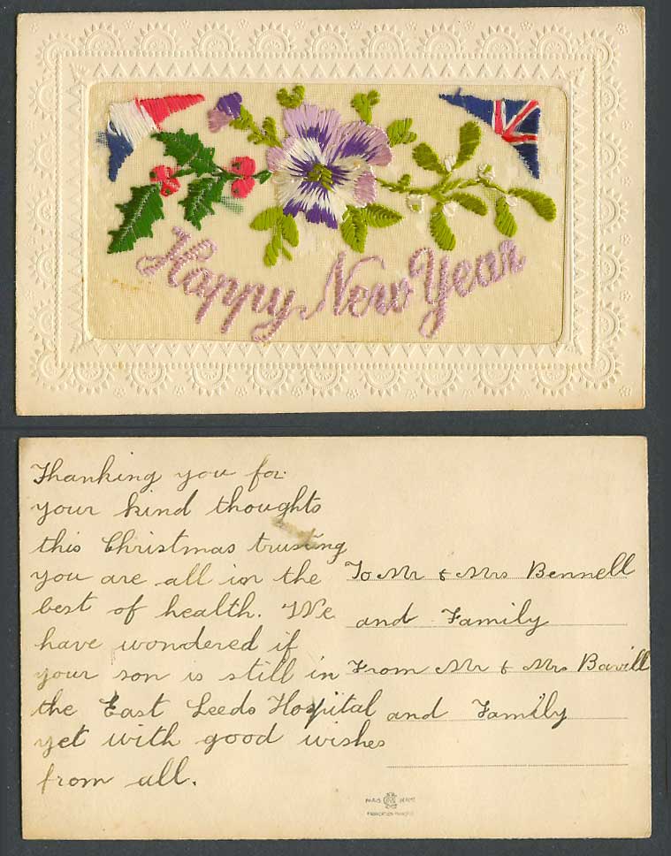 WW1 SILK Embroidered Old Postcard Happy New Year Greetings, Flowers Holly, Flags
