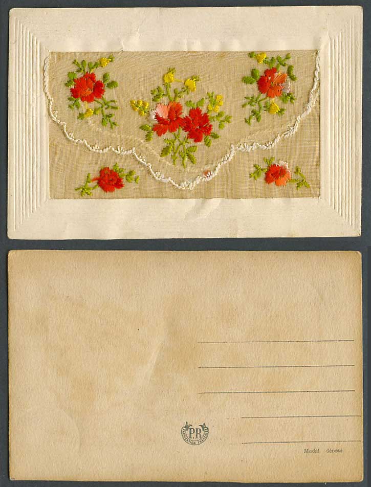 WW1 SILK Embroidered Old Postcard Red and Yellow Flowers Flower, Empty Wallet