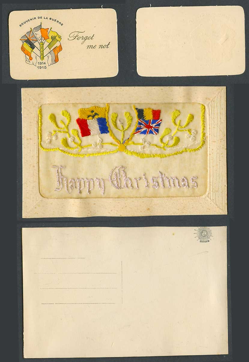 WW1 SILK Embroidered Old Postcard Happy Christmas, Flags Forget Me Not in Wallet