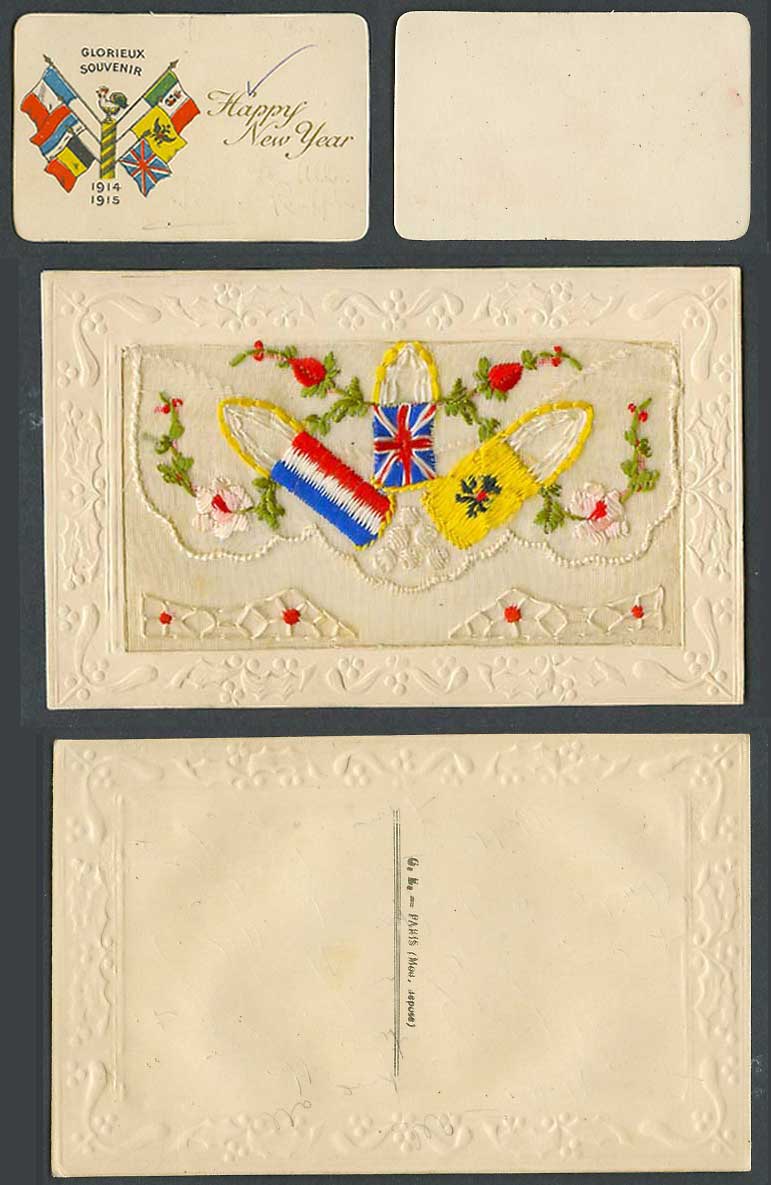 WW1 SILK Embroidered Old Postcard Bullets, Flags, Happy New Year Card in Wallet