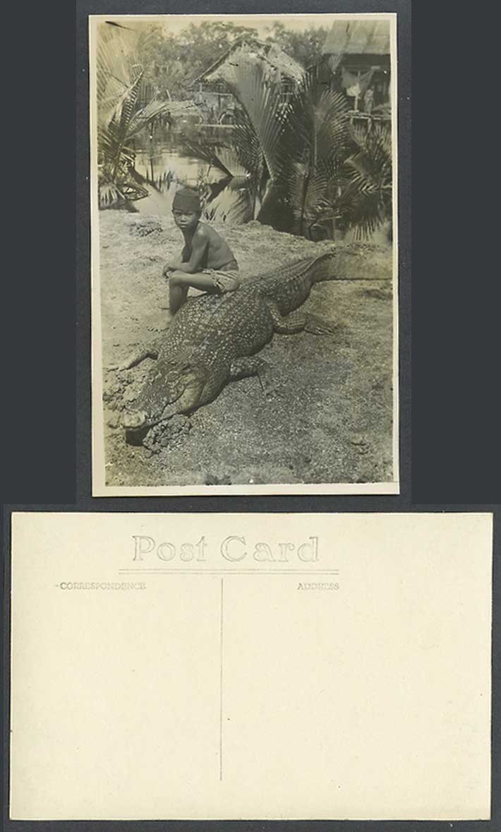 Singapore, Malay Boy Sitting on CROCODILE Alligator Lake Old Real Photo Postcard