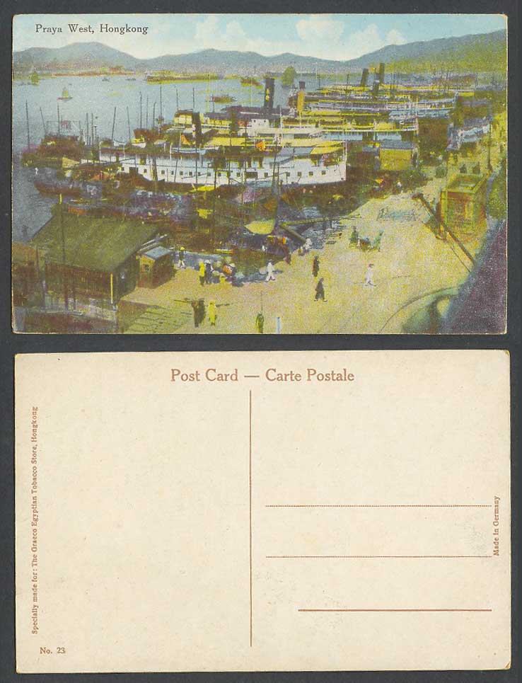 Hong Kong China Old Postcard Praya West Harbour Ships Boats Ferries Street Scene