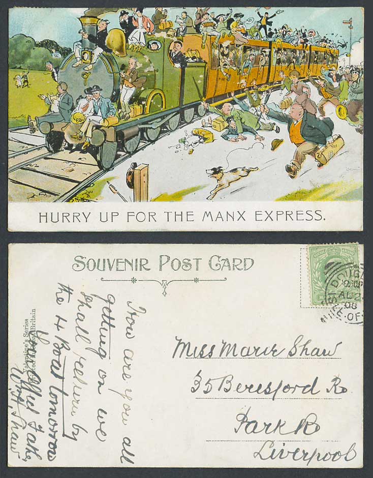 Isle of Man Comic 1908 Old Postcard Hurry Up for Manx Express - Locomotive Train