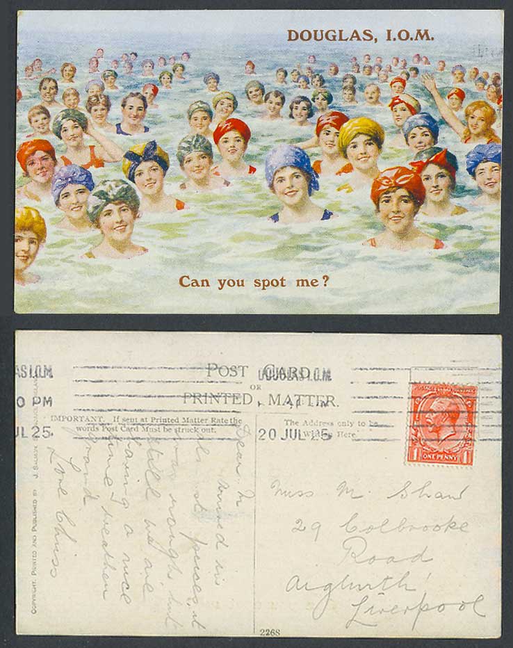 Isle of Man Comic 1925 Old Postcard Can You Spot Me? Bathing Ladies Douglas I.oM