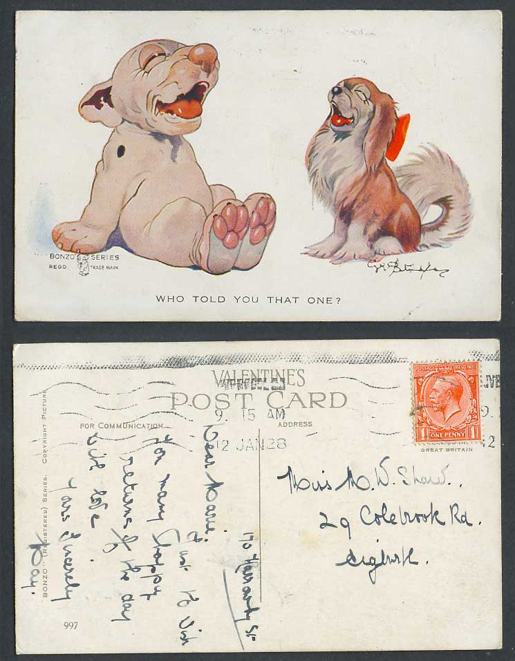 BONZO DOG G.E. Studdy 1928 Old Postcard Who Told You That One? Dogs, Puppies 997