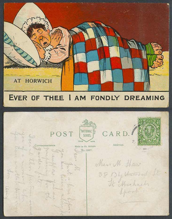 At Horwich Ever of Thee I am Fondly Dreaming 1913 Old Postcard Lancashire Comic