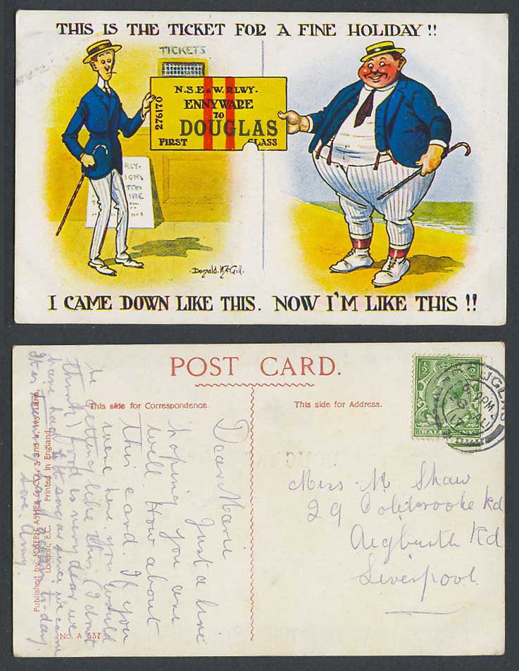 Donald McGill 1917 Old Postcard Ticket For a Fine Holiday, Douglas, Isle of Man