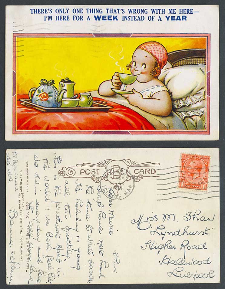 Woman Cup of Tea on Bed, I'm here for a week instead of a year 1934 Old Postcard