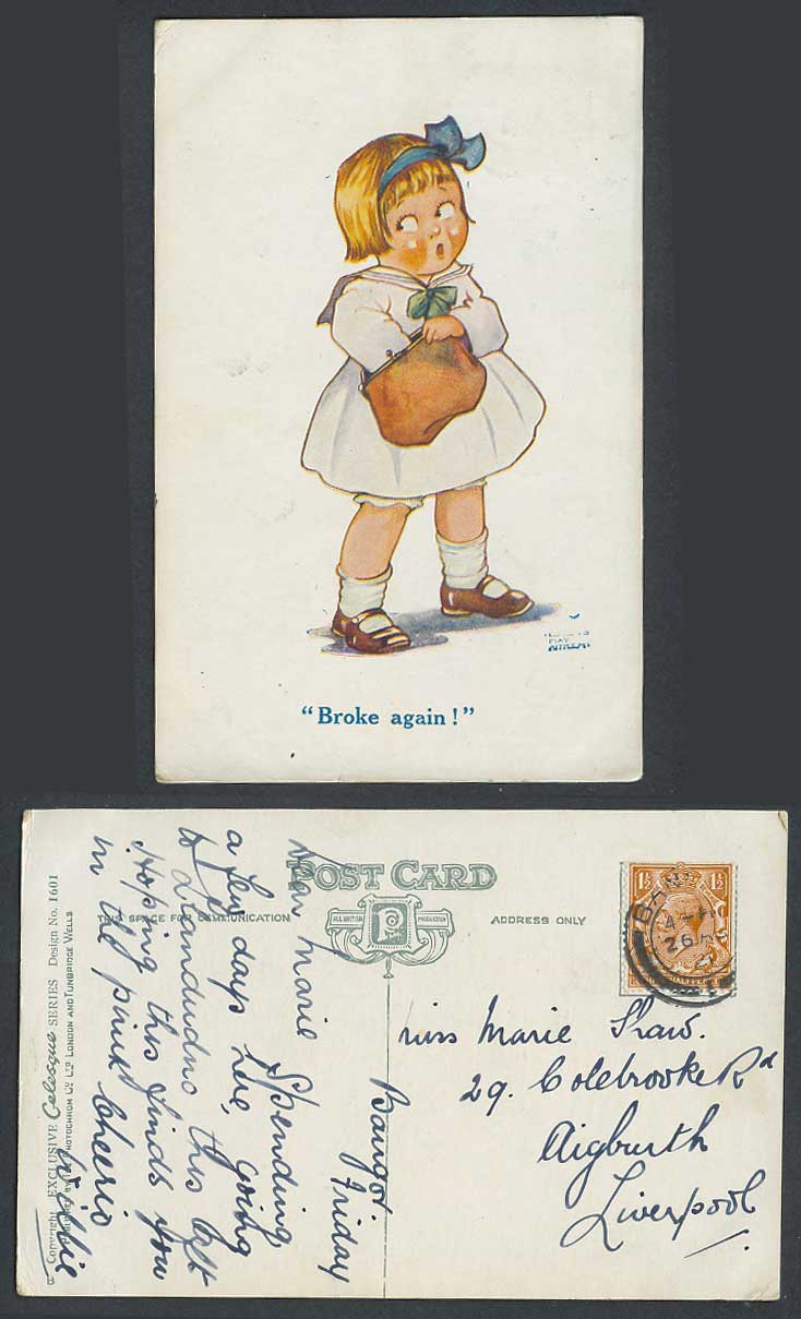 Gladys May Aitken Artist Signed 1921 Old Postcard Little Girl Broke again! Purse