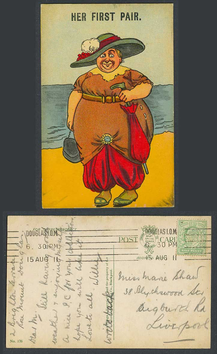 Her First Pair Fat Woman Lady Hat Umbrella Beach Seaside Comic 1911 Old Postcard