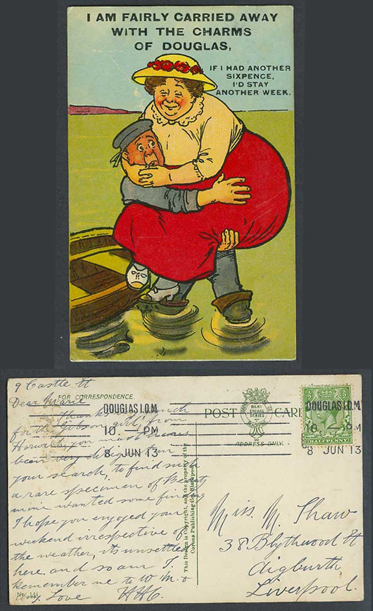 Man Carry Fat Woman Lady, Carried Away with Douglas Charms IOM 1913 Old Postcard
